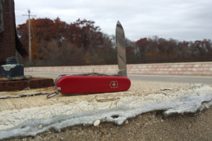 A red Victorinox Swiss Army Companion sits on a concrete ledge with its main blade open, with fall trees blurred in the background